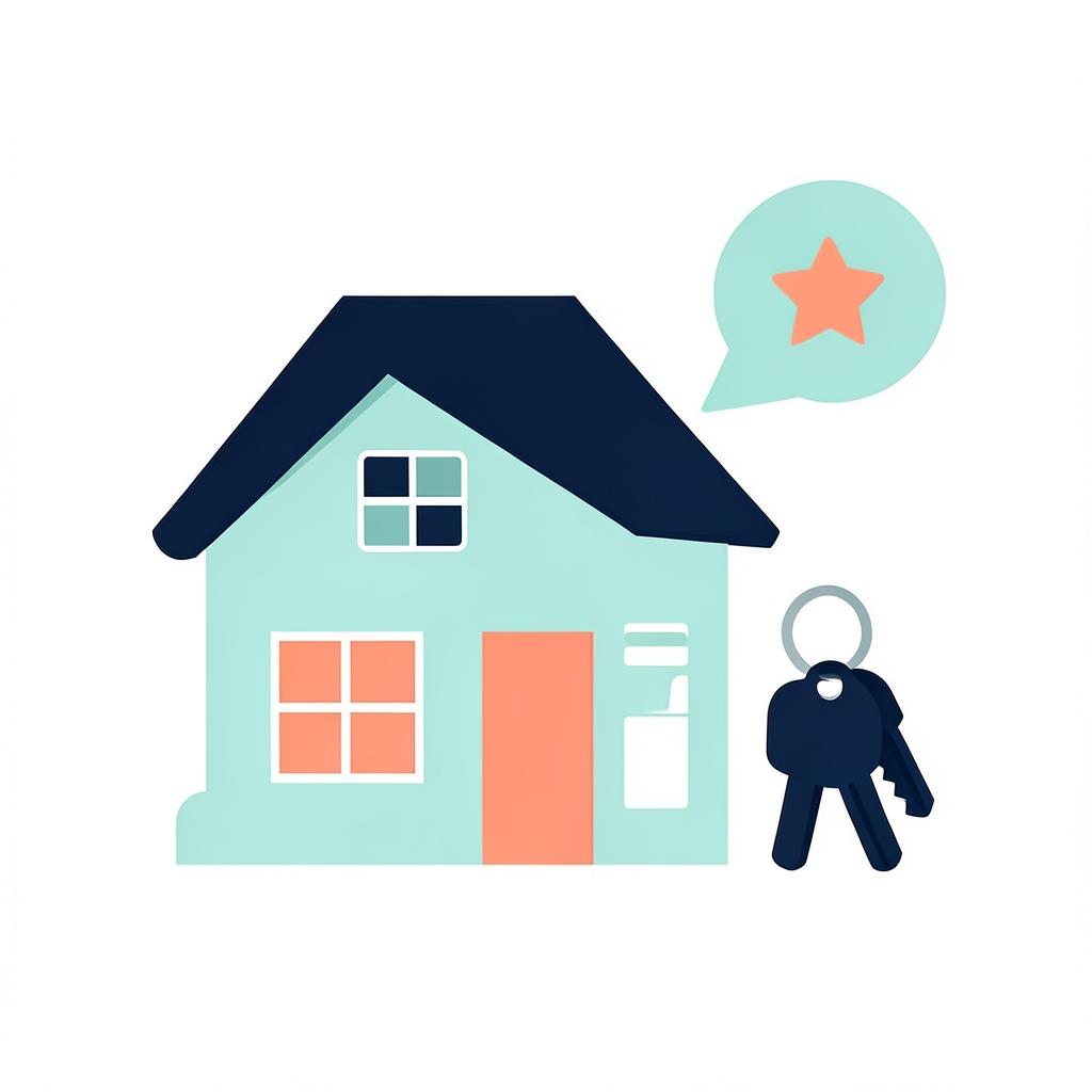 Illustration of a rental home with keys and a five-star guest review