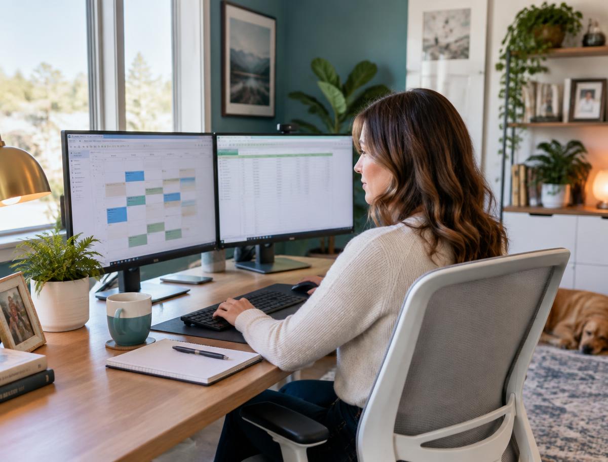 Virtual assistant managing booking calendars and property admin on a two screen desk setup