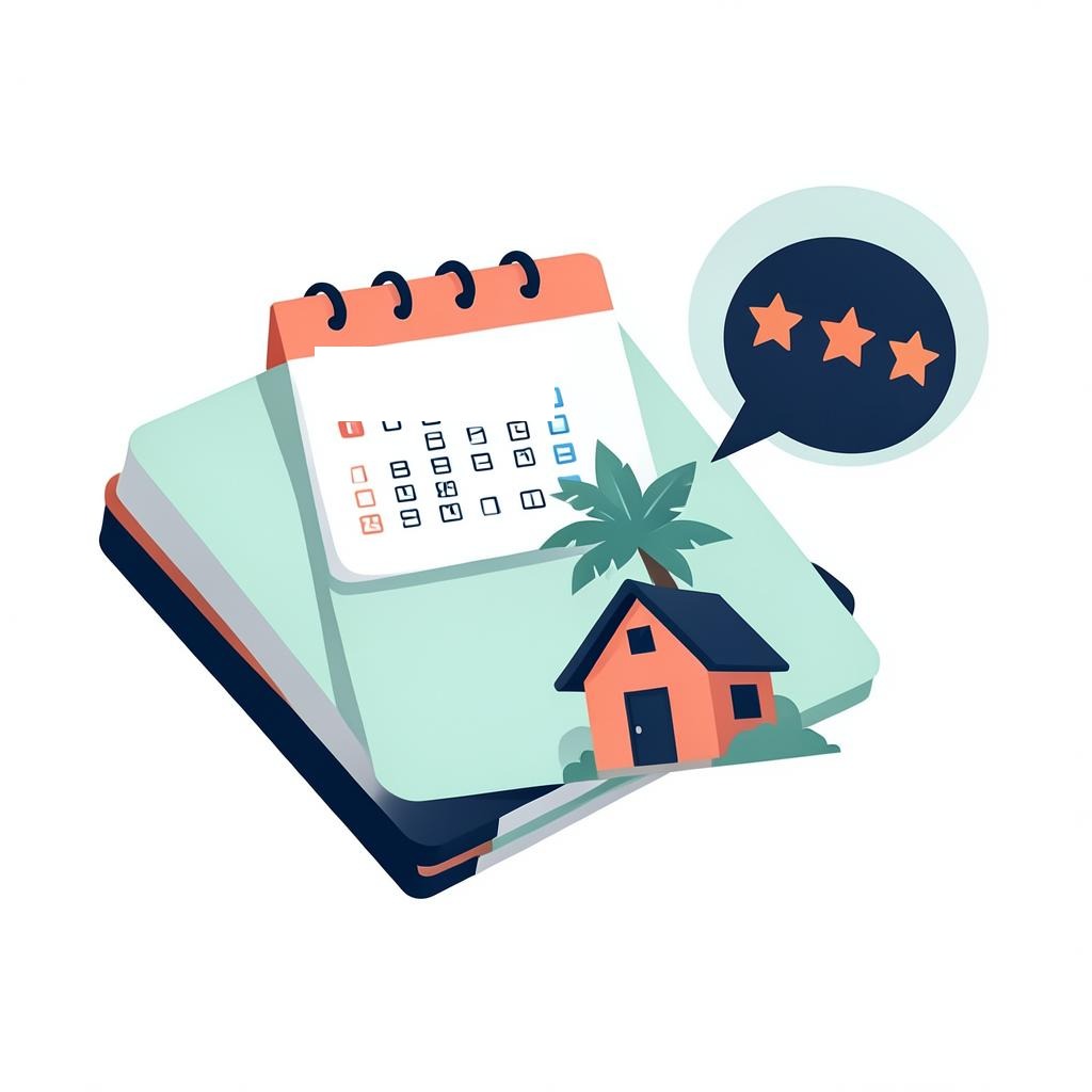 Illustration of a booking calendar, holiday cottage and guest reviews