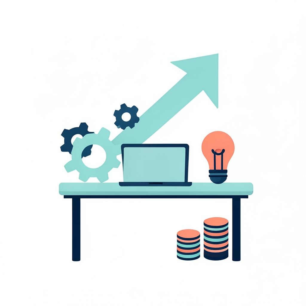 Illustration of a rising growth arrow above a laptop and workspace