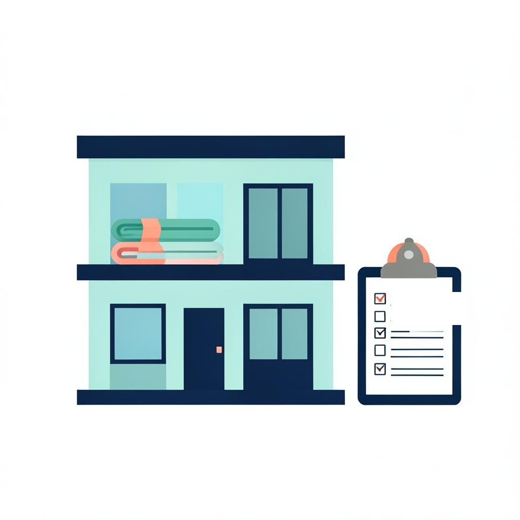 Illustration of a serviced apartment with linen and a servicing checklist